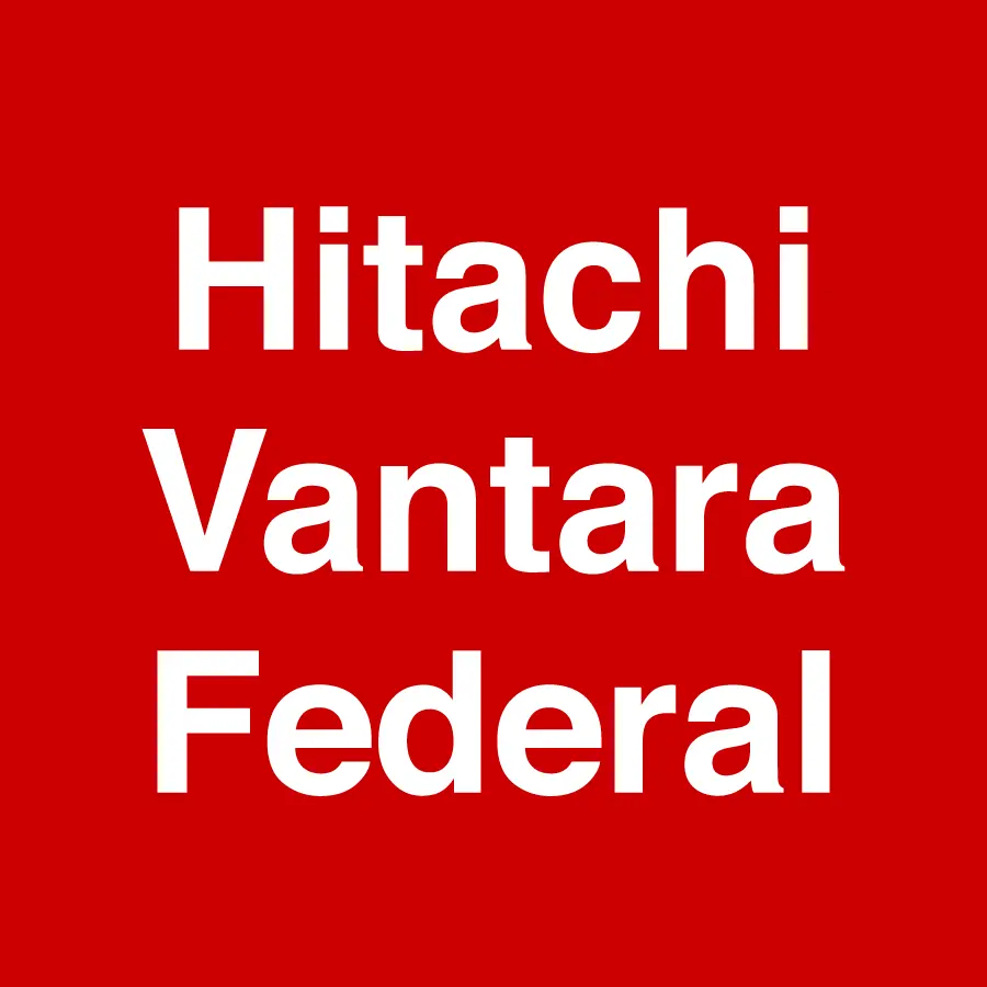 Hitachi vantara federal logo on a red background, showcasing its partnership.