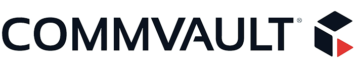 Commvault logo with black text and a geometric design featuring a red and blue shape on the right, symbolizing its strong partnership network.