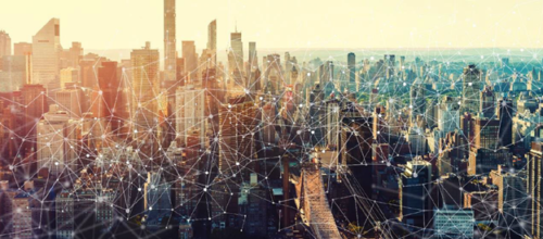 Aerial view of a city skyline at sunset with digital network overlay, highlighting ATP Gov's role in urban technology and emerging tech trends shaping our connected world.