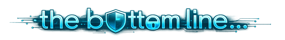 The phrase "the bottom line..." in bright blue futuristic text, with a Cisco Hypershield-inspired shield symbol replacing the letter "o.