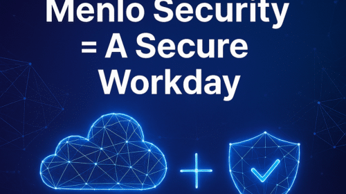 Text reads "Hypori + Menlo Zero Trust = A Secure Workday" above icons of a cloud, a plus sign, and a shield with a checkmark, set against a dark blue digital background.