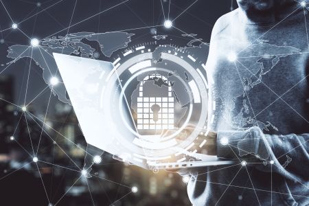 Person using a laptop with a digital lock and calendar icon overlay, symbolizing cybersecurity and data protection by implementing zero trust, with a world map and network connections in the background.