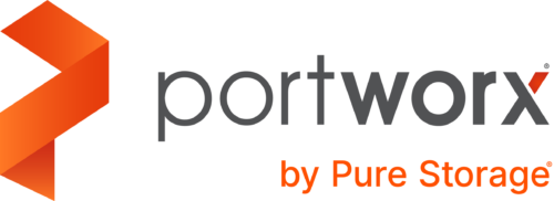 Portworx by Pure Storage logo with an orange geometric icon and the company names in gray and orange text on a white background, highlighting support for Kubernetes environments.