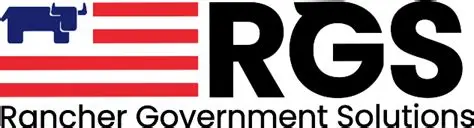 Logo for Rancher Government Solutions featuring the blue silhouette of a bull and red stripes, resembling the US flag, next to "RGS" and "Rancher Government Solutions," highlighting Rancher for Government and Kubernetes expertise.