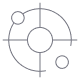 A black-and-white diagram with a large circle at the center, two smaller circles on its edge, and crosshair lines intersecting through the middle.