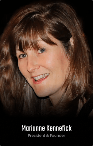A woman with long brown hair smiling, shown from the shoulders up on the homepage. Text below identifies her as Marianne Kennefick, President & Founder.