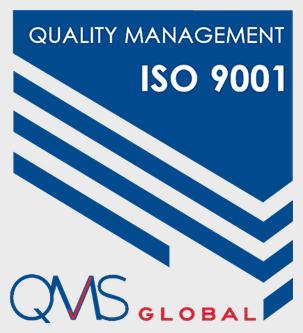Logo displaying "Quality Management ISO 9001" in white text on a blue background with diagonal lines, highlighting a commitment to quality, and "QMS Global" written below.
