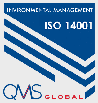 ISO 14001 Environmental Management certification logo by QMS Global, featuring blue geometric lines and text, symbolizing quality and commitment to environmental standards.