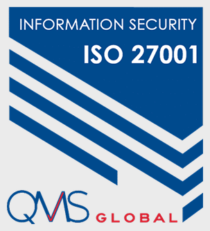 Blue and white badge displaying "Information Security ISO 27001," highlighting our commitment to quality, with the QMS Global logo at the bottom.
