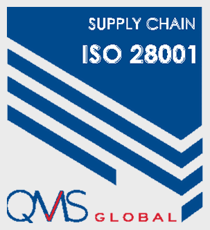 QMS Global logo with text reading "Supply Chain ISO 28001" in blue and white, featuring stylized blue lines that reflect quality and commitment.