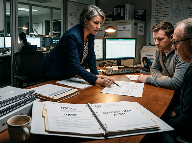 Three people review "Supply Chain Audit" documents at a table in an office filled with computers, binders, and paperwork, demonstrating their commitment to quality in every detail.