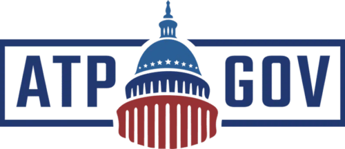 Logo featuring a stylized U.S. Capitol dome between the letters "ATP" and "GOV" in blue and red, representing innovative drone technology for government solutions.