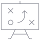 A minimalist line drawing of a presentation board showing a sports strategy with circles, X marks, and an arrow.