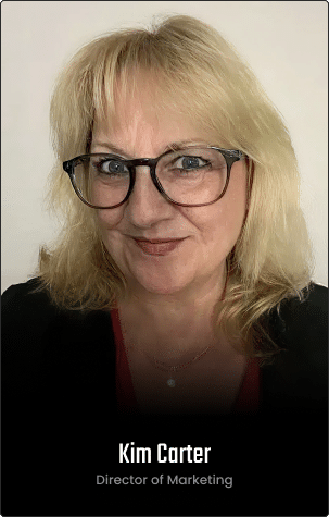 Portrait of a woman with blonde hair and glasses, smiling at the camera. Text below reads: Kim Carter, Director of Marketing, Executive Management.