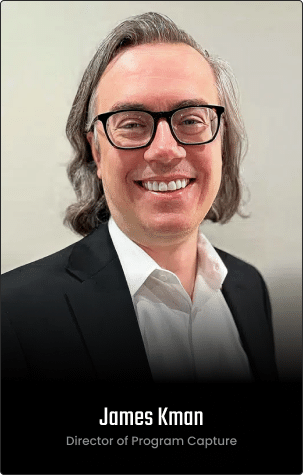 A man with gray hair and glasses, wearing a black suit and white shirt, smiles at the camera. Text reads: "James Kman, Director of Program Capture—an expert in Executive Management.