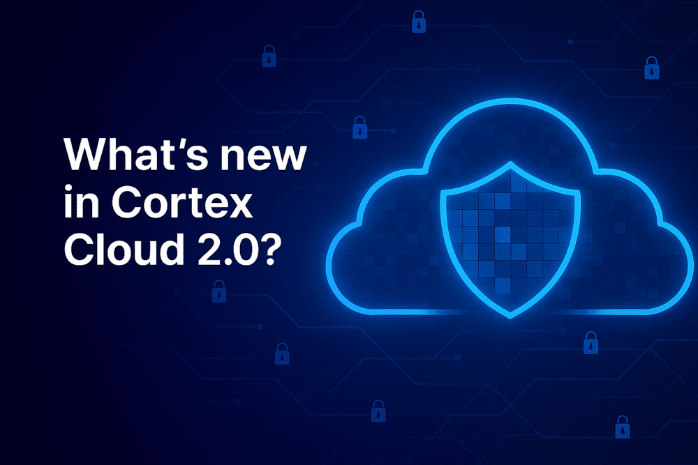 Dark image featuring a glowing cloud with a shield icon, small padlock symbols, and the text “What’s new in Cortex Cloud 2.0?” on the left side, highlighting Palo Alto Networks' latest Cortex security innovations.