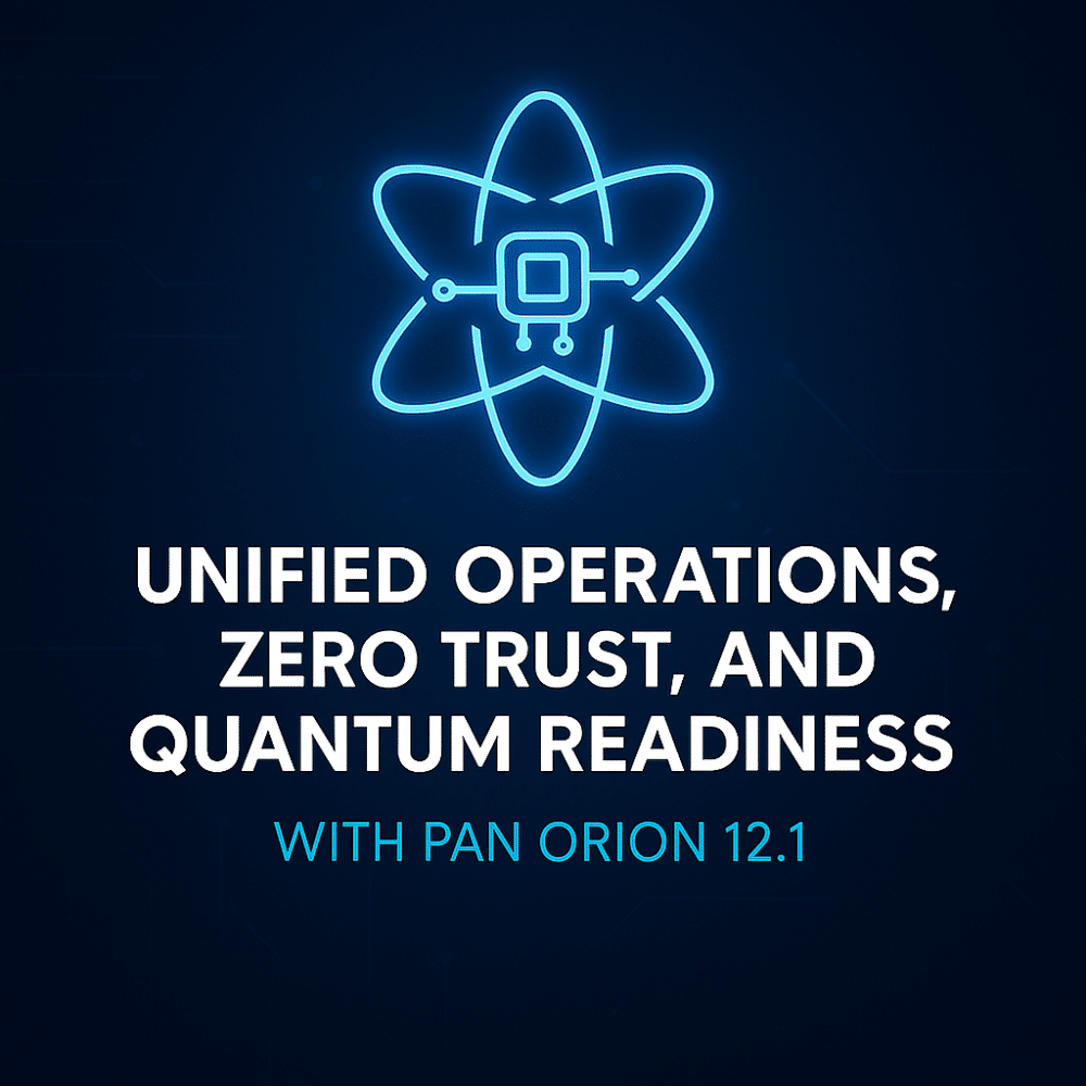 Blue neon graphic of an atom with a chip inside, above the text: "Unified Operations, Zero Trust, and Quantum Readiness with PAN OS Pan Orion 12.1" on a dark background.
