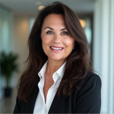 A woman with long brown hair, wearing a black blazer and white blouse, smiles while standing in a bright office hallway at Menlo Security, a leader in browser security and AI agents.