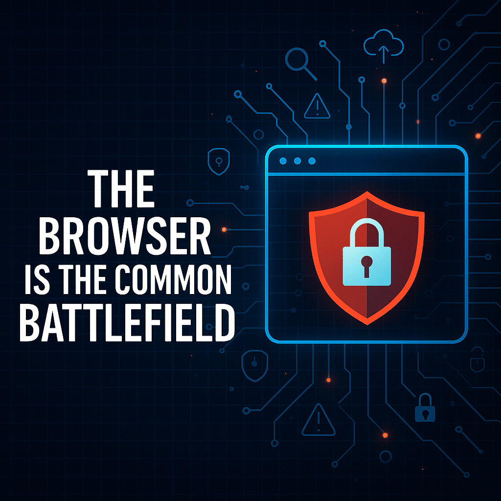 A digital graphic shows a web browser icon with a shield and padlock, alongside the text: "The browser is the common battlefield," highlighting the importance of browser security in the age of AI agents and solutions like Menlo Security.