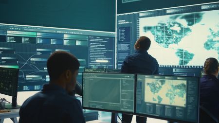 People work at computer stations with multiple monitors displaying maps, data, and digital interfaces, utilizing advanced AV solutions in a modern control room or cybersecurity operations center.