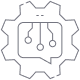 A gear icon outlines a speech bubble containing three circuit lines, symbolizing Artificial Intelligence and technology-driven communication integration.