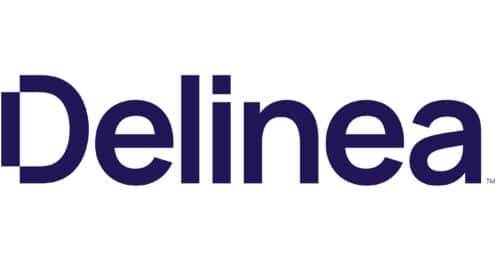 The image shows the word "Delinea" in bold, dark blue letters on a white background, representing Delinea QuantumLock—a solution at the forefront of Federal Security and Quantum Risk protection.