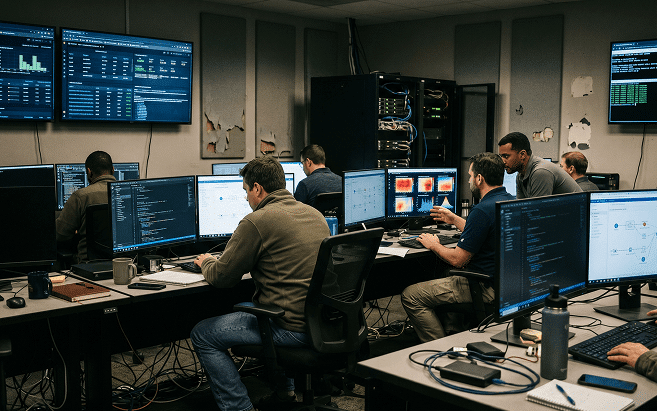 People working at desks with multiple computer monitors in a control room, displaying graphs, code, and AI-driven data on large and small screens.