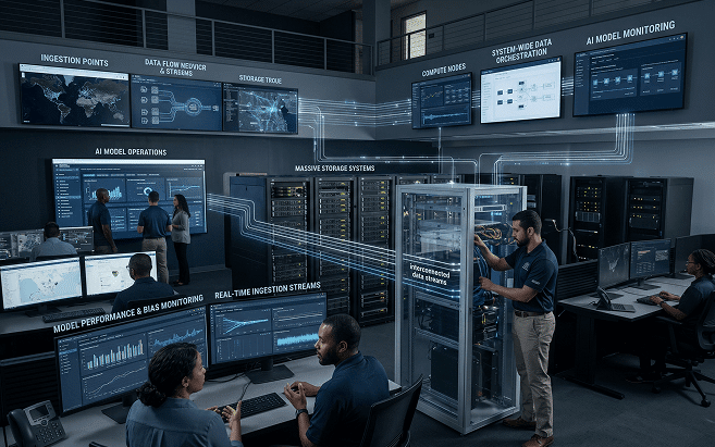 People work in a high-tech control room with multiple monitors displaying data analytics, Artificial Intelligence model monitoring, and server racks connected to various systems.