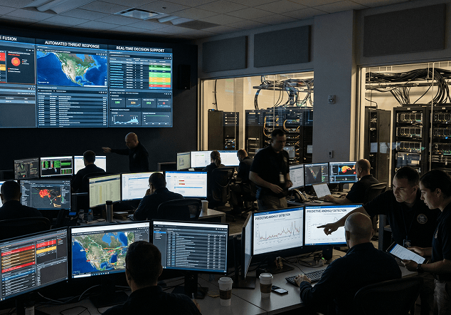 A team of people work at computer stations in a control room with large display screens showing maps and data powered by Artificial Intelligence on the walls.