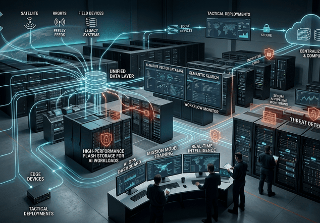 A control room with multiple monitors and servers visualizes a networked data system, featuring artificial intelligence-driven labeled data flows and advanced security features in a high-tech environment.