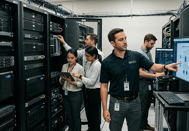 Five IT professionals work in a server room; some are adjusting server racks, one reviews data on a laptop, and another points to an Artificial Intelligence diagram displayed on a monitor.