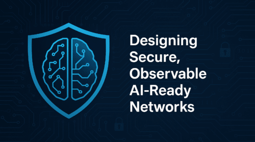 A shield with a brain-shaped circuit design beside the text "Designing Secure, Observable, AI-Ready Networks" on a dark digital background, highlighting the importance of secure and observable networks in modern AI-driven environments.