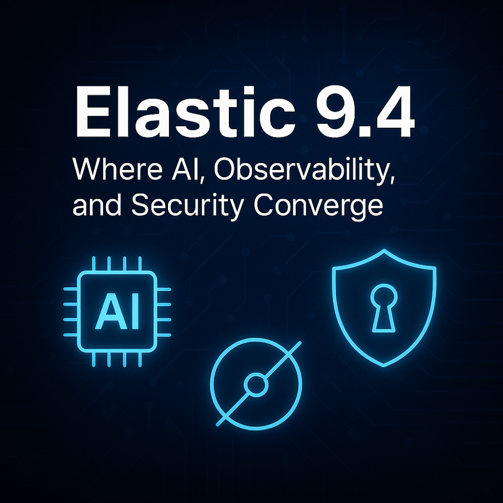 Elastic 9.4 promotional graphic with text: "Where Elastic 9.4, AI, Observability, and Security Converge," plus icons for AI, observability, and security on a dark background.