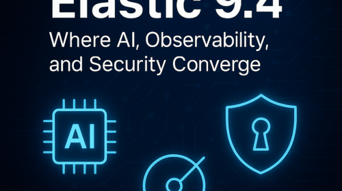 Elastic 9.4 promotional graphic with text: "Where Elastic 9.4, AI, Observability, and Security Converge," plus icons for AI, observability, and security on a dark background.