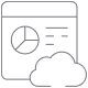 Simple line drawing of a data dashboard with a pie chart and text, partially overlapped by a cloud icon in the foreground, symbolizing the integration of AI for intelligent data insights.