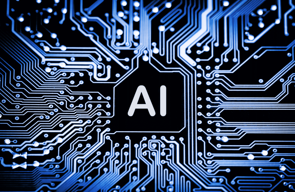 An image of an AI processor at the center of a circuit board, with interconnected pathways representing real-time data processing and AI at the edge. The interconnected network symbolizes AI at the edge, where data is processed closer to its source.