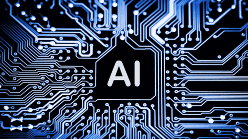 An image of an AI processor at the center of a circuit board, with interconnected pathways representing real-time data processing and AI at the edge. The interconnected network symbolizes AI at the edge, where data is processed closer to its source.