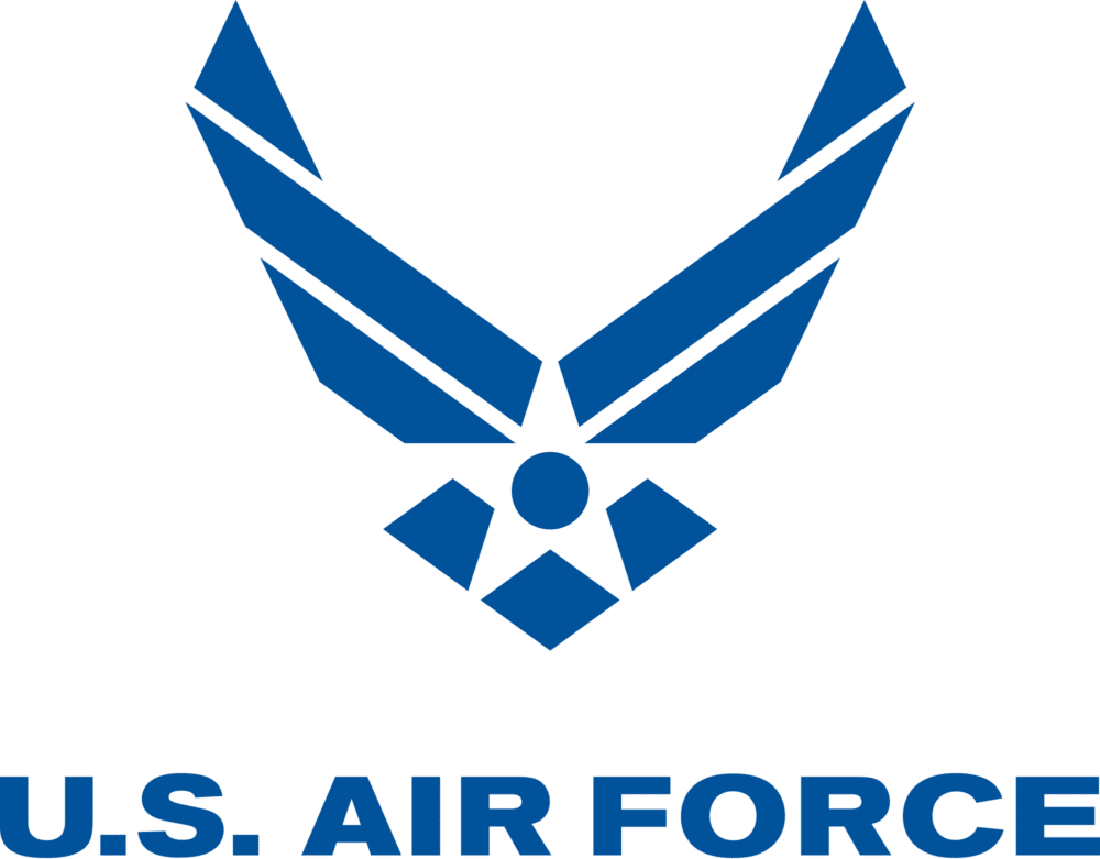 The image shows the U.S. Air Force logo in blue above the words "U.S. AIR FORCE" on a light background, representing professionalism and integrity—values upheld throughout every ATP contract.