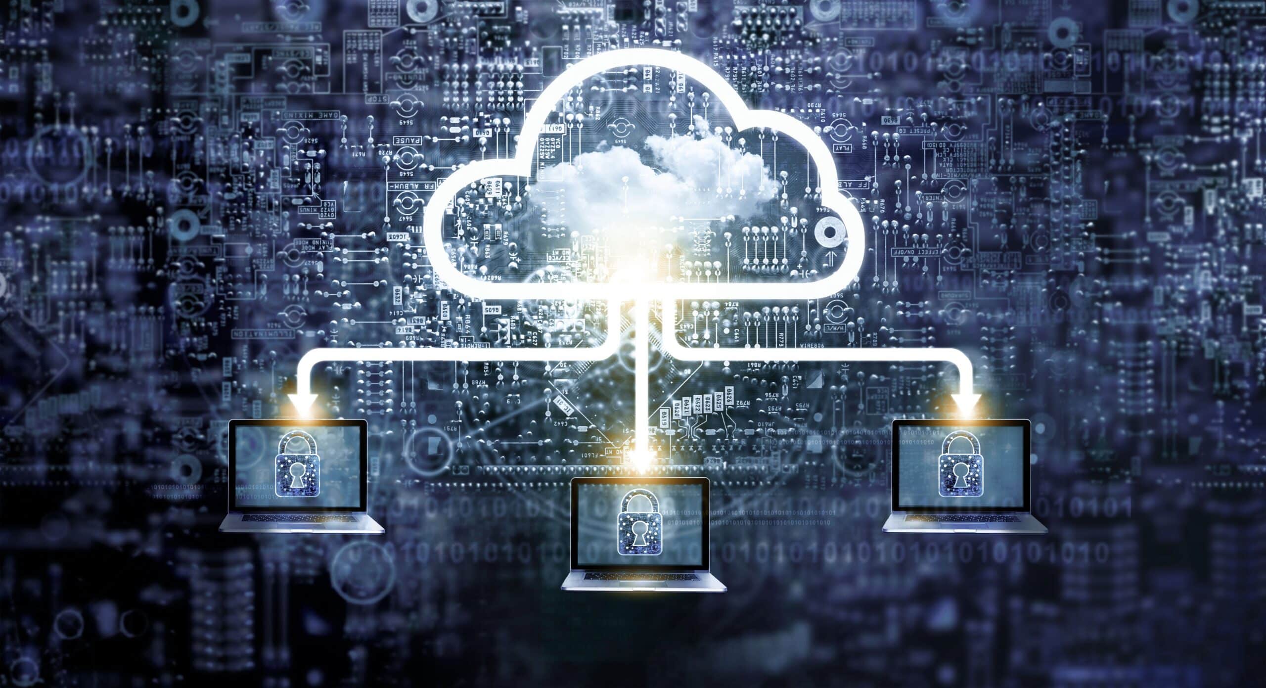 Three laptops connected to a cloud icon, each displaying a padlock, symbolizing remote browser isolation deployment that helps defend against phishing attacks.