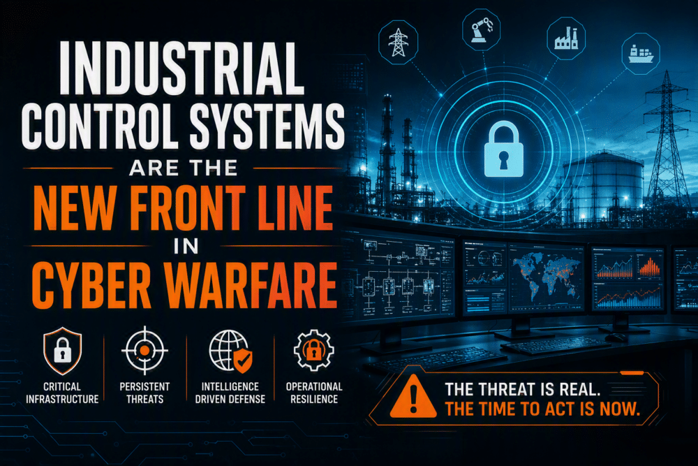 Infographic on cyber warfare highlights industrial control systems as targets, incorporating ISO 42001 standards and AI-driven analysis. The visual features icons for threats, critical infrastructure, intelligence, resilience, and the message “The threat is real.”.