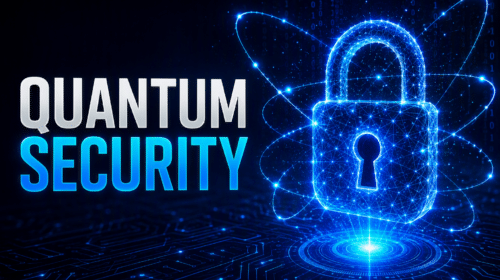 Digital illustration of a glowing padlock and atomic lines next to the words "Quantum Security" on a dark circuit board background, symbolizing advanced cybersecurity technology and highlighting essential Quantum Security Steps.