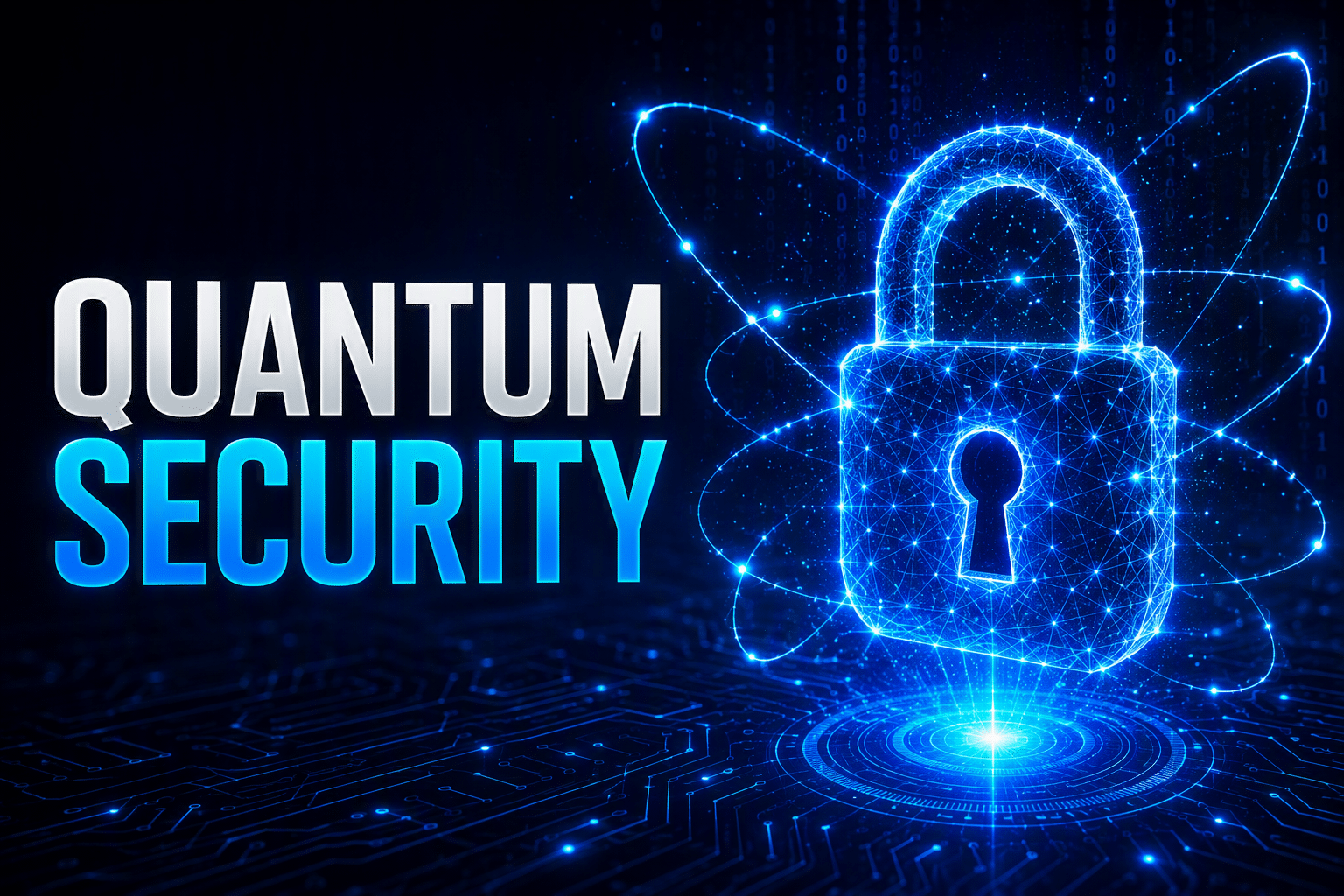 Digital illustration of a glowing padlock and atomic lines next to the words "Quantum Security" on a dark circuit board background, symbolizing advanced cybersecurity technology and highlighting essential Quantum Security Steps.