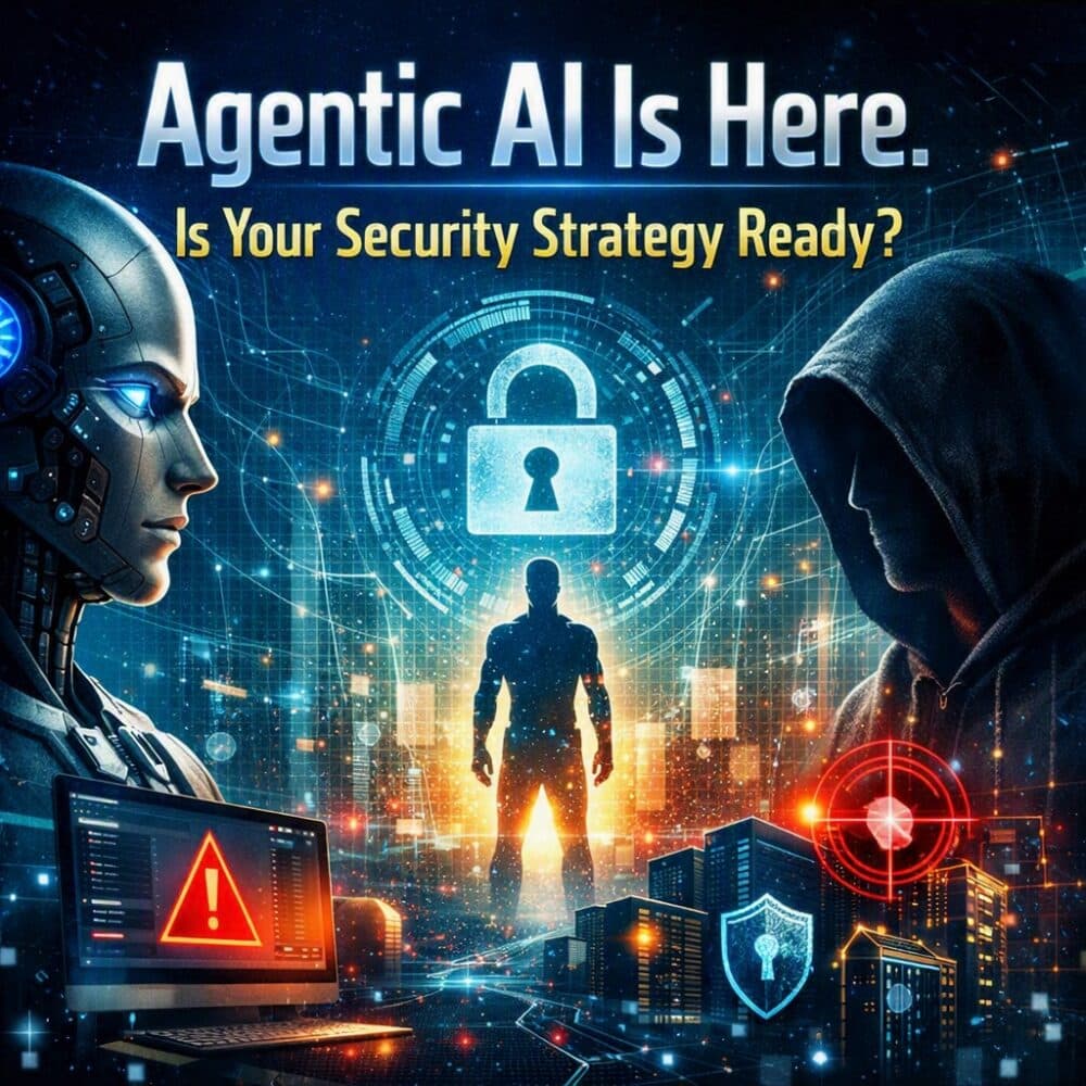 A robot and a hooded figure face off with cybersecurity icons and warning symbols; text reads “Agentic AI Is Here. Is Your Menlo Security Strategy Ready?”.