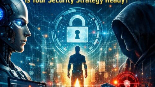 A robot and a hooded figure face off with cybersecurity icons and warning symbols; text reads “Agentic AI Is Here. Is Your Menlo Security Strategy Ready?”.