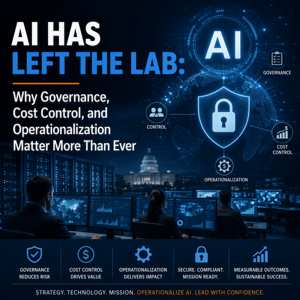A business meeting with digital overlays highlights AI governance, control, and cost management, emphasizing operationalization and risk reduction. The text discusses the importance of these factors within the framework of AI Ops and solutions like Apptio to streamline processes and enhance decision-making in today’s evolving AI landscape.
