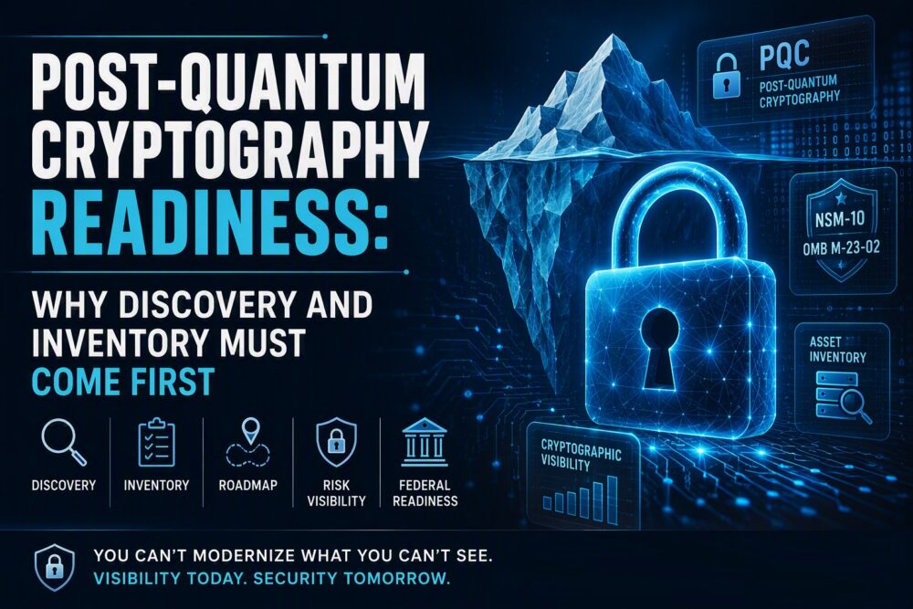 Digital illustration showing a glowing lock and iceberg with text about post-quantum cryptography (PQC) readiness, emphasizing discovery and inventory as initial steps for security. Highlighting the importance of preparing your crypto assets, Tychon provides essential tools to navigate the evolving landscape of PQC.
