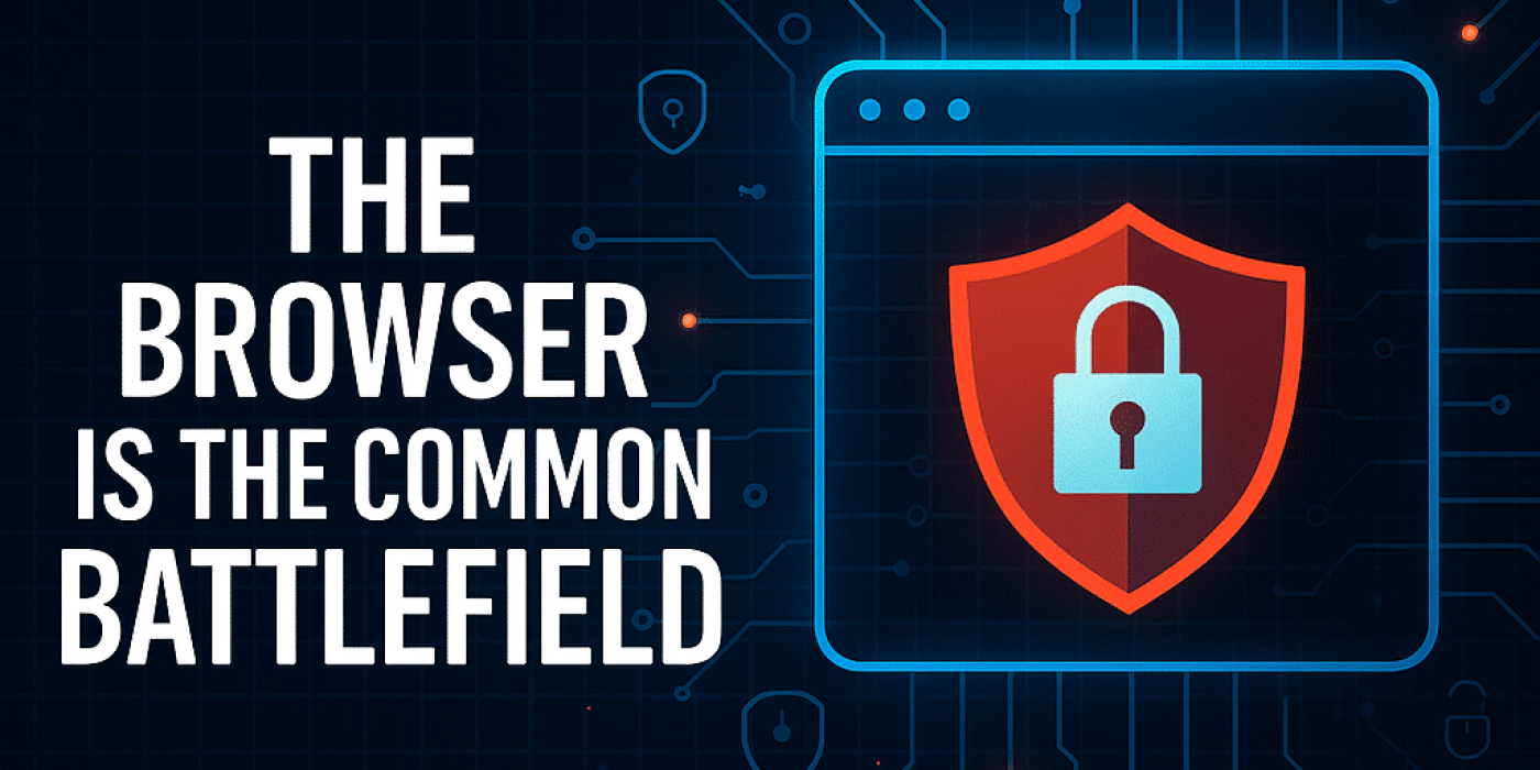 A digital graphic shows a web browser icon with a shield and padlock, alongside the text: "The browser is the common battlefield," highlighting the importance of browser security in the age of AI agents and solutions like Menlo Security.