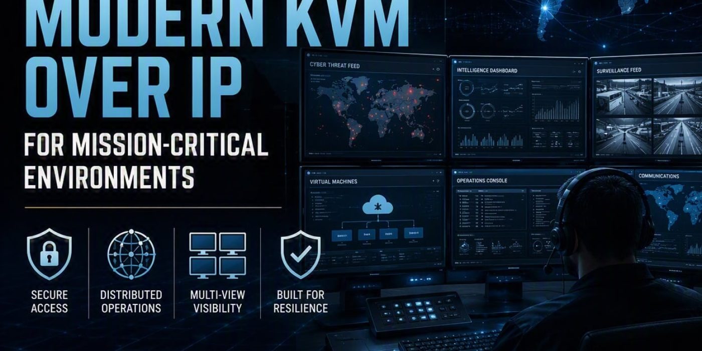 Person monitors multiple screens in a dark control room with text promoting BlackBox’s modern KVM over IP for secure, resilient, multi-view access in mission-critical environments.
