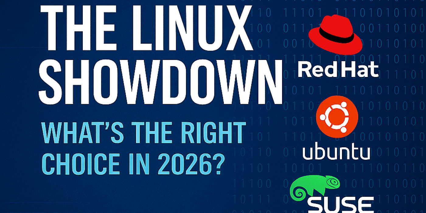 Blue graphic titled "The Linux Showdown: What's the right choice in 2026?" featuring Red Hat, Ubuntu, and SUSE logos over a background of binary code highlights key Linux options for the future.