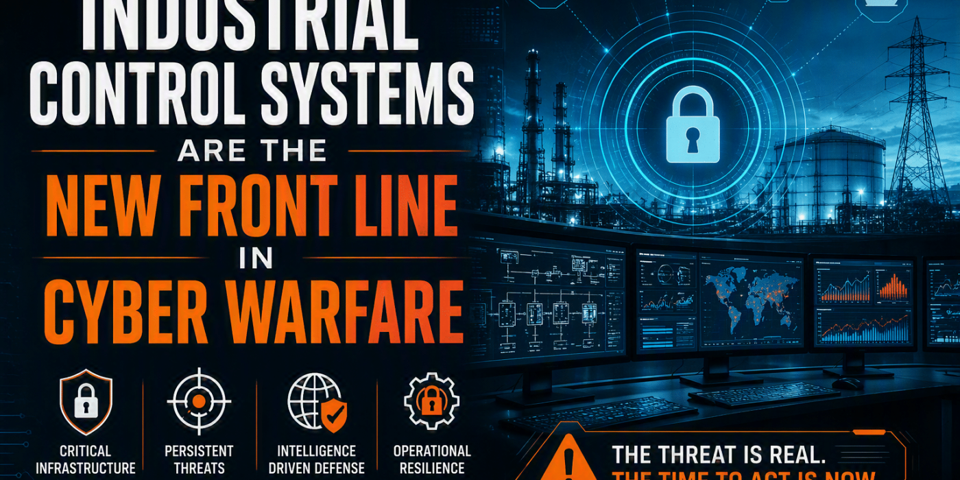 Infographic on cyber warfare highlights industrial control systems as targets, incorporating ISO 42001 standards and AI-driven analysis. The visual features icons for threats, critical infrastructure, intelligence, resilience, and the message “The threat is real.”.